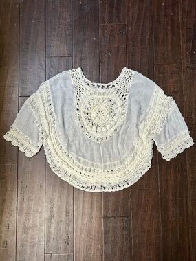 Off White, Knit & Mesh, Bohemian, Shawl Like Top, Medium